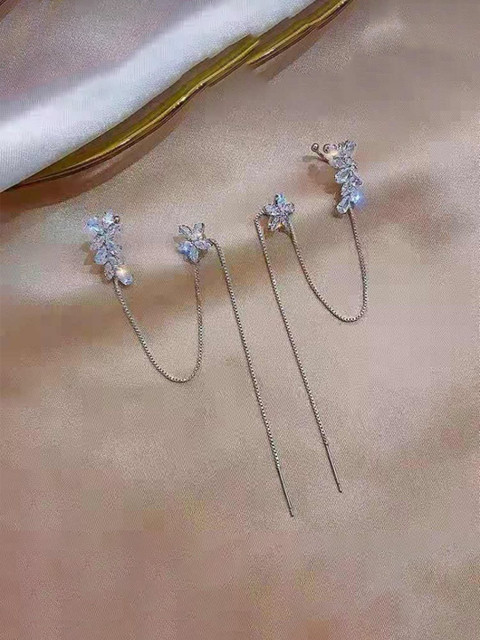 DressBerry Korean Silver-plated Floral Cubic Zirconia Studded Floral Drop Earrings