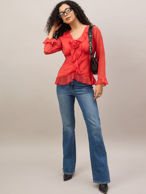 The Roadster Lifestyle Co. Women Solid Long Sleeve Ruffles Detail Top