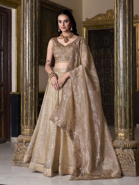 LOOKNBOOK ART Embellished Organza Ready to Wear Lehenga & Unstitched Blouse With Dupatta