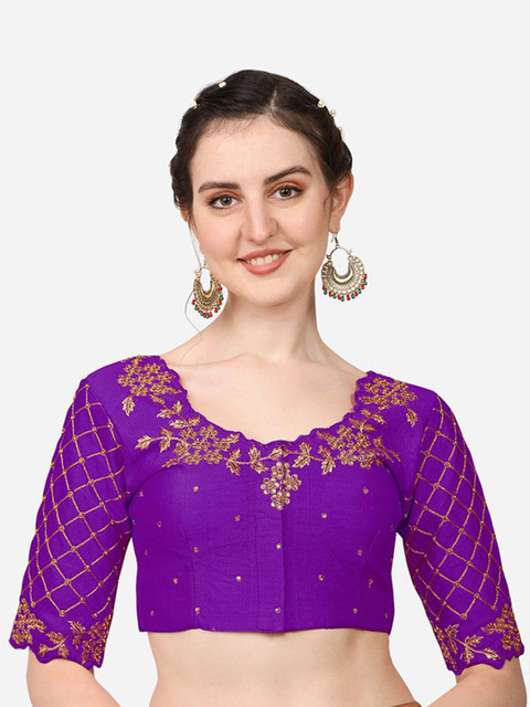 HERE&NOW Embroidered Silk Round Neck Saree Blouse