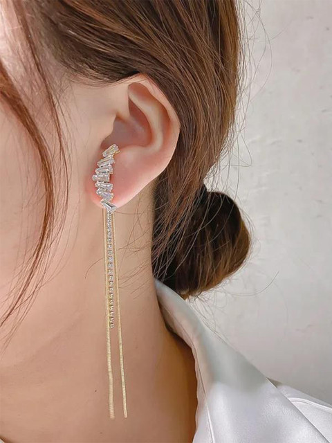 DressBerry Korean Gold-Plated Cubic Zirconia Studded Contemporary Drop Earrings