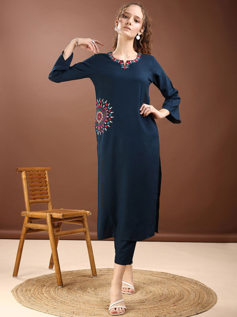 Tikhi Imli Embroidered Round Neck Kurta With Trousers Co-Ords
