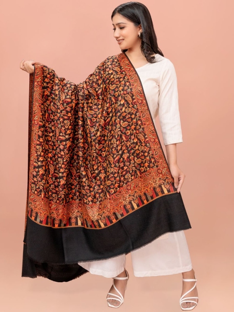 Kala Maison Black Floral Woven Design Pure Wool Shawl