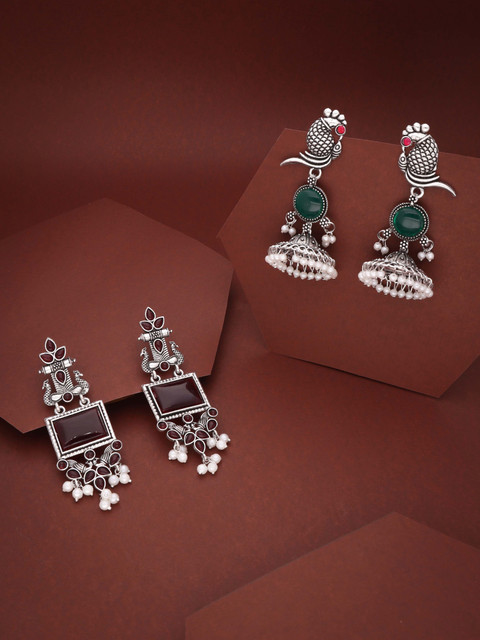 Sangria Set Of 2 Silver-Plated Artificial Studded & Beaded Oxidised Square Drop Earrings - Image 2