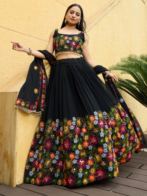 Warthy Ent Embroidered Thread Work Semi-Stitched Lehenga & Unstitched Blouse With Dupatta