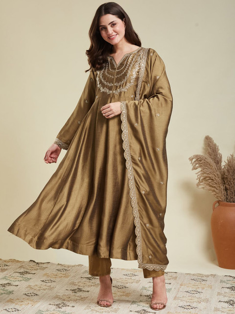 MOKOSH Ethnic Motifs Embroidered Notch Neck Anarkali Kurta With Trousers & Dupatta