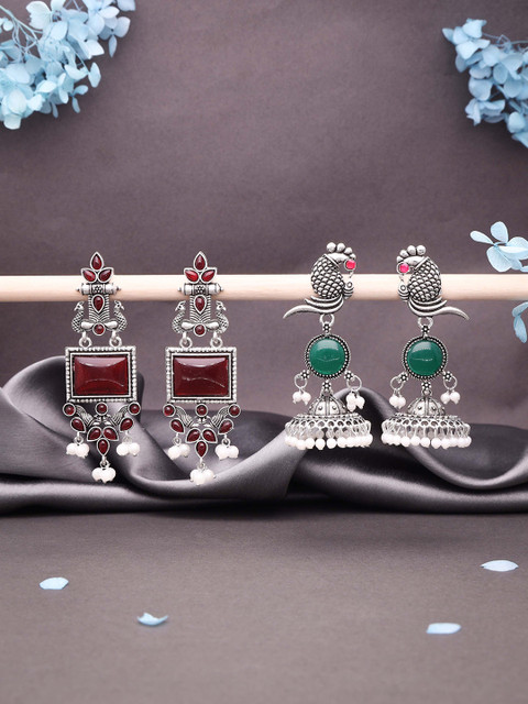 Sangria Set Of 2 Silver-Plated Artificial Studded & Beaded Oxidised Square Drop Earrings - Image 3