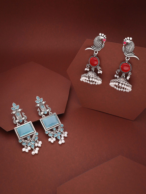 Sangria Set Of 2 Silver-Plated Artificial Studded & Beaded Oxidised Square Drop Earrings