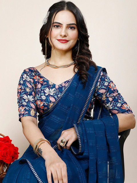 K 5 Fashion Striped Sequinned Pure Chiffon Saree - Image 4