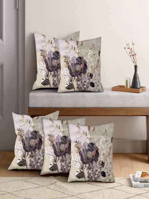 Cloth Fusion Beige & Black 5 Pieces Floral Printed Velvet Square Cushion Covers