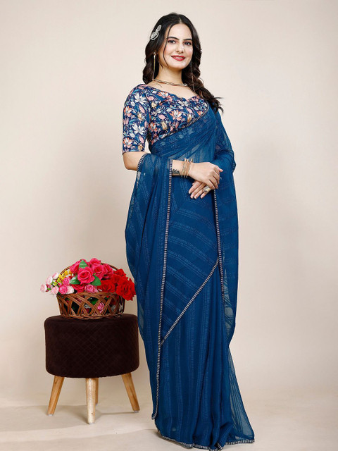 K 5 Fashion Striped Sequinned Pure Chiffon Saree - Image 2