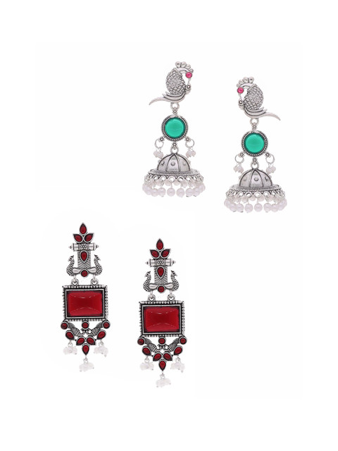 Sangria Set Of 2 Silver-Plated Artificial Studded & Beaded Oxidised Square Drop Earrings - Image 4