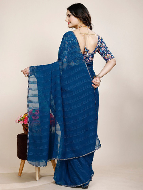 K 5 Fashion Striped Sequinned Pure Chiffon Saree - Image 3