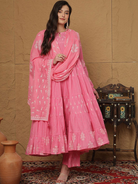 GULMOHAR JAIPUR Floral Printed Keyhole Neck Cotton Anarkali Kurta With Palazzos & Dupatta