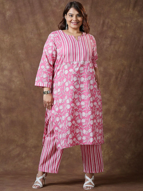 Sizeupp Printed Plus Size Round Neck Top with Trousers Co-Ords