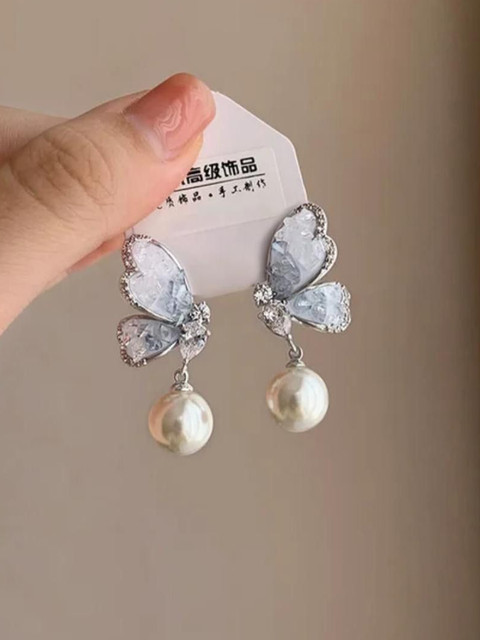 SZN Korean Artificial Stones Studded and Beads Beaded Oxidised Contemporary Drop Earrings