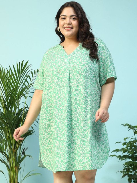 Oxolloxo Plus Size Floral Print V- Neck Short Sleeve Knee Length Dress