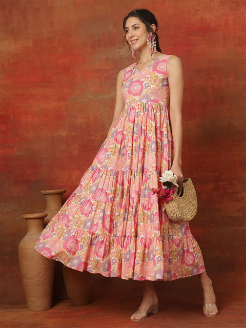 GULMOHAR JAIPUR Floral Printed Sweetheart Neck Fit And Flare Cotton Ethnic Dress