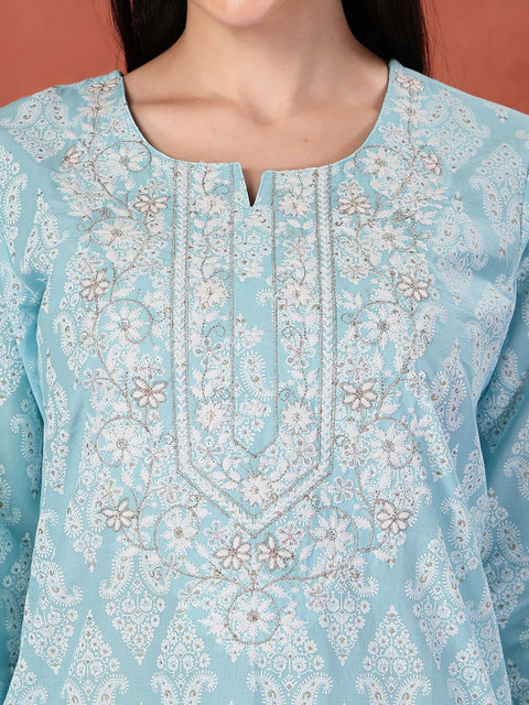 Sangria Floral Printed Thread Work Notch Neck Pure Cotton Straight Kurta - Image 2