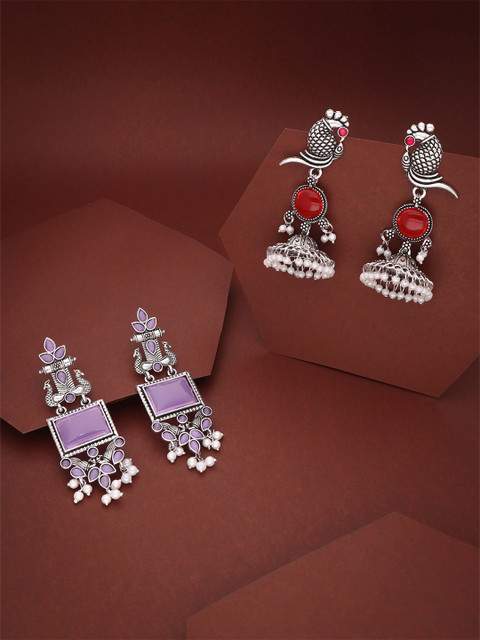 Anouk Set Of 2 Silver-Plated Artificial Stones Studded Oxidised Dome Shaped Jhumkas