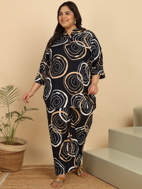 ISHQY Plus Size Floral Printed Pure Cotton Top With Palazzo Co-Ords