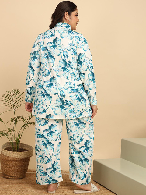 KALINI ISHQY Plus Size Floral Printed Pure Cotton Shirt With Palazzos - Image 4