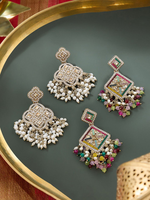 Zaveri Pearls Set Of 2 Gold-Plated Artificial Stones Studded Contemporary Drop Earrings