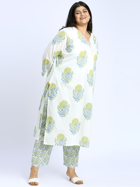 Sizeupp Printed Pure Cotton Plus Size V-Neck Top with Trousers Co-Ords