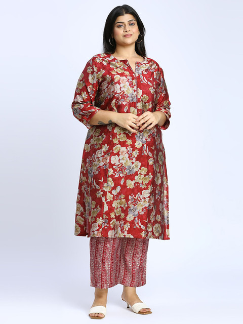 Sizeupp Printed Plus Size V-Neck Top with Trousers Co-Ords