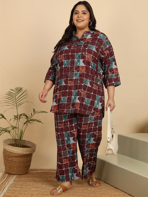 ISHQY Plus Size Printed Pure Cotton Top With Palazzo Co-Ords