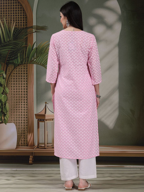 Sangria Floral Printed Thread Work Notch Neck Pure Cotton Straight Kurta - Image 4