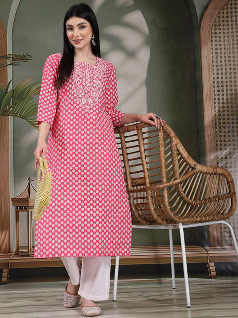 Sangria Women Floral Embroidered Festive Cotton Straight Kurtas