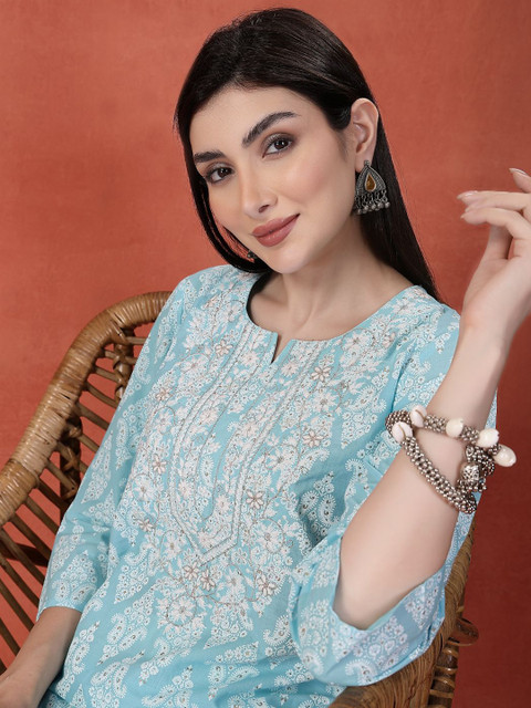 Sangria Floral Printed Thread Work Notch Neck Pure Cotton Straight Kurta - Image 3