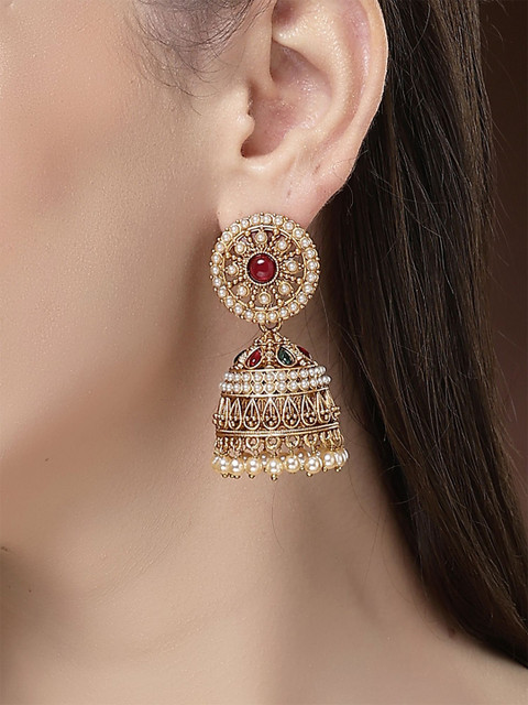 KARATCART Gold Plated Dome Shaped Kundan Antique Jhumkas Earrings