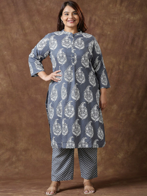 Sizeupp Printed Pure Cotton Plus Size Mandarin Collar Top with Trousers Co-Ords