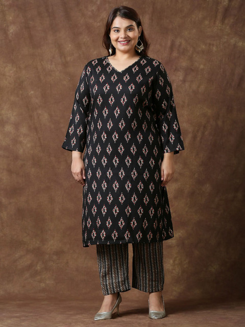 Sizeupp Printed Plus Size V-Neck Top with Trousers Co-Ords