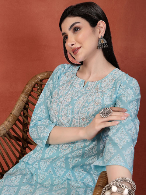 Sangria Floral Printed Thread Work Notch Neck Pure Cotton Straight Kurta