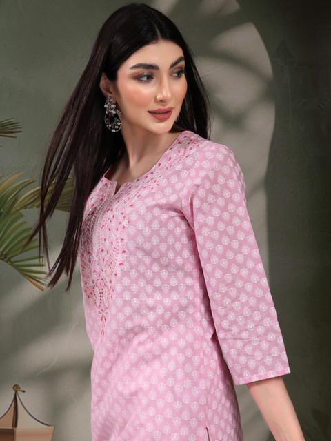 Sangria Floral Printed Thread Work Notch Neck Pure Cotton Straight Kurta - Image 5