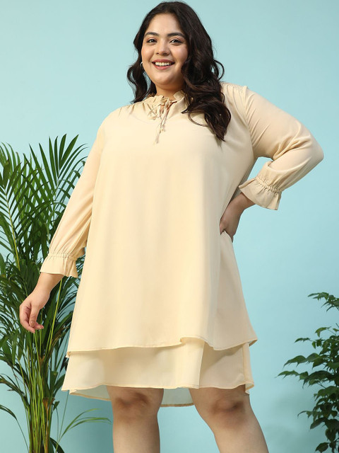 Oxolloxo Plus Size Round Neck Tie-Up String & Smocking Detail Bell Sleeve Dress