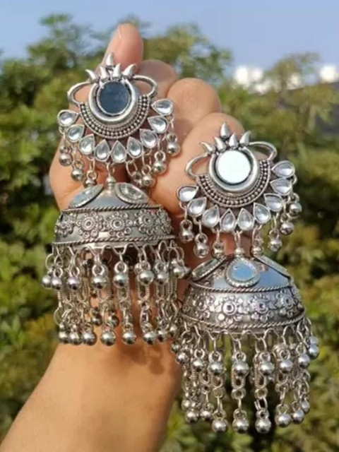 SZN Silver Plated Artificial Studded and Beaded Oxidised Dome Shaped Jhumkas