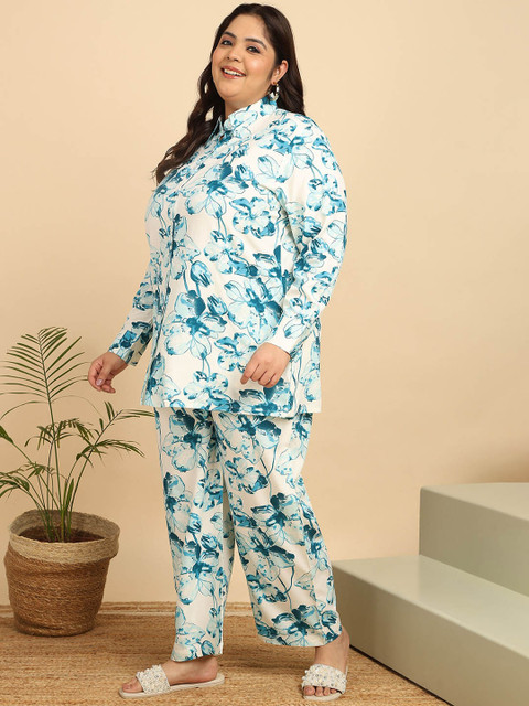 KALINI ISHQY Plus Size Floral Printed Pure Cotton Shirt With Palazzos - Image 3
