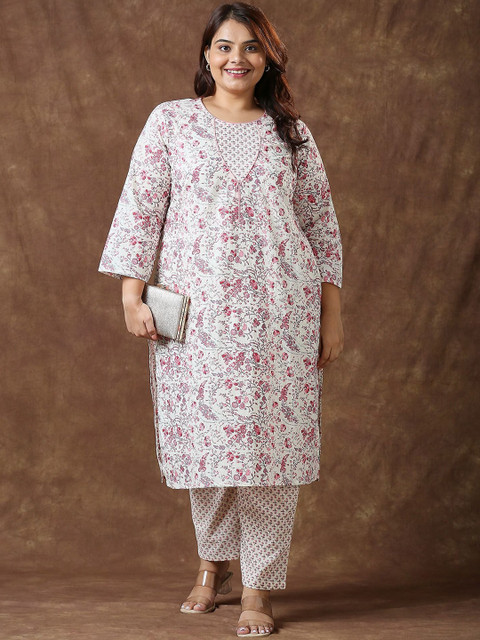 Sizeupp Floral Printed Pure Cotton Plus Size Round Neck Top with Trousers Co-Ords