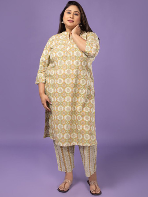 Sizeupp Printed Pure Cotton Plus Size Round Neck Top with Trousers Co-Ords