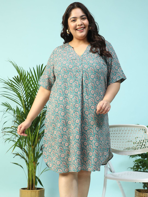 Oxolloxo Plus Size Floral Print V- Neck Short Sleeve Knee Length Dress