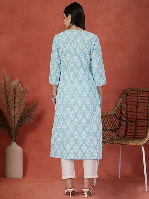 Sangria Floral Printed Thread Work Notch Neck Pure Cotton Straight Kurta - Image 4