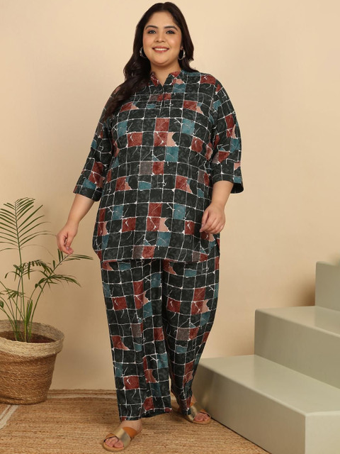 ISHQY Plus Size Printed Pure Cotton Top With Palazzo Co-Ords