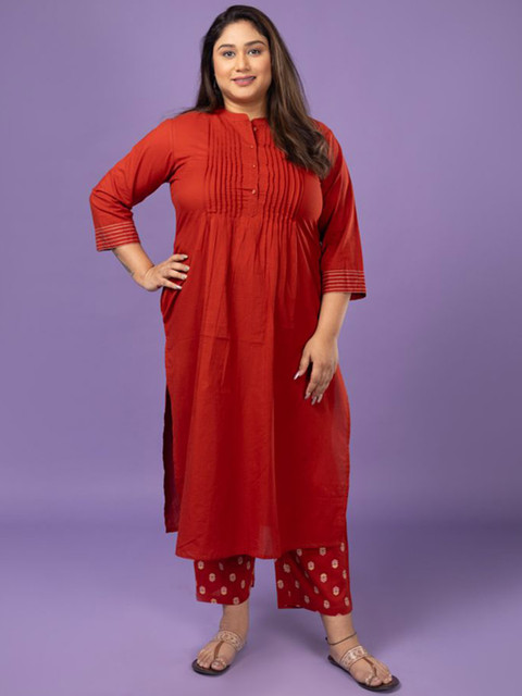 Sizeupp Printed Pure Cotton Plus Size Mandarin Collar Top with Trousers Co-Ords
