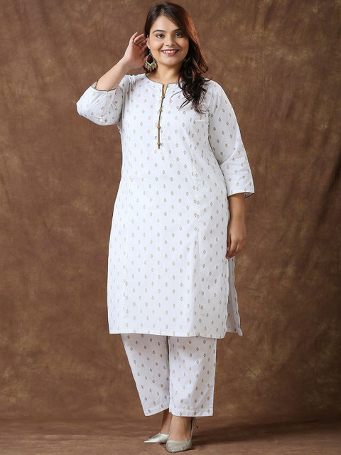 Sizeupp Printed Plus Size V-Neck Top with Trousers Co-Ords