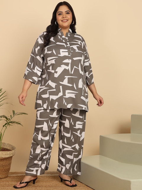 ISHQY Plus Size Printed Pure Cotton Top With Palazzo Co-Ords
