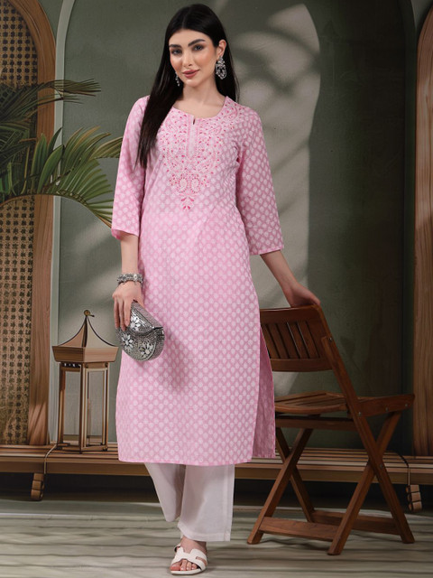 Sangria Floral Printed Thread Work Notch Neck Pure Cotton Straight Kurta - Image 3